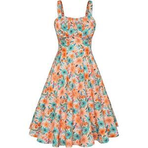 Floral Fit & Flare Sundress for Women XL Sleeveless Retro A-Line Cowl Neck